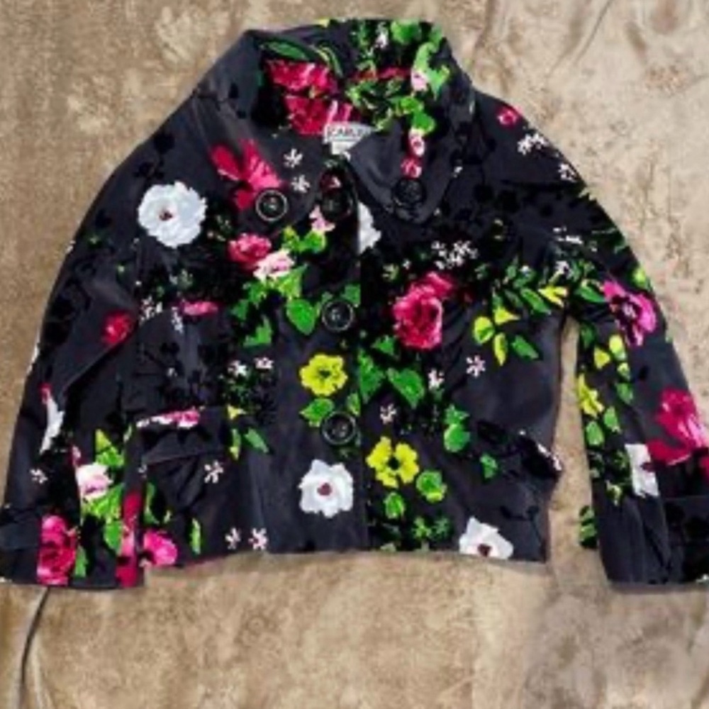 Vintage Carlisle Black Floral Cropped Pea Coat with Pink & Green Accents video - Picture 3 of 13